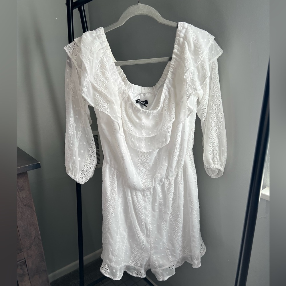 Express Eyelet Lace Off The Shoulder Ruffle Romper